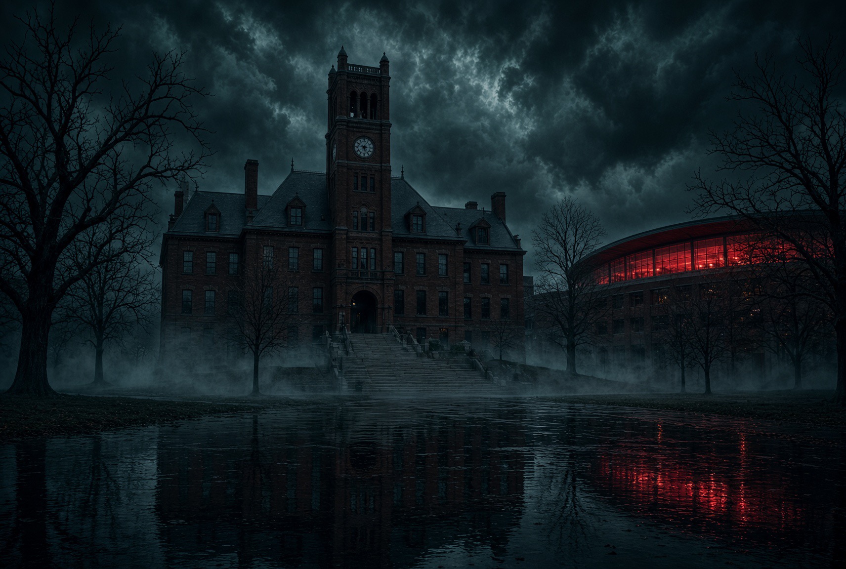 Merrimack State College beneath storm clouds beside a red-lit arena