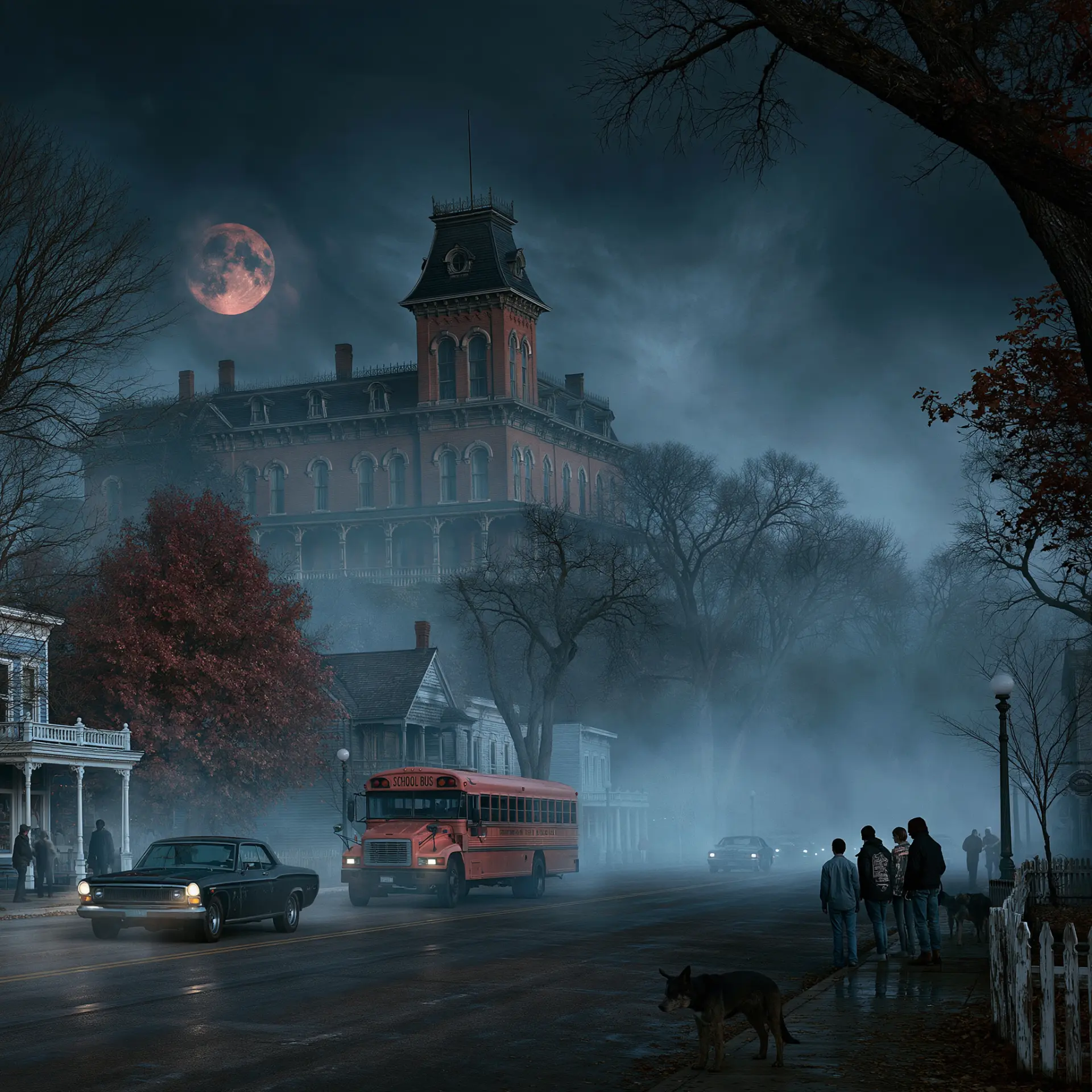 Main Street in Havenridge beneath a red moon and heavy fog
